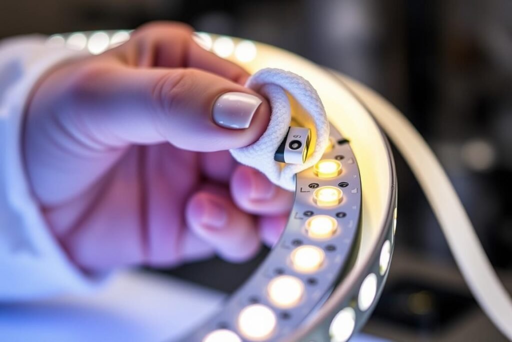 led strip maintenance showing cleaning and inspection process