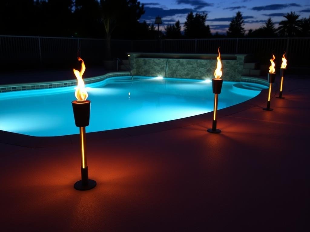led tiki torches along pool deck