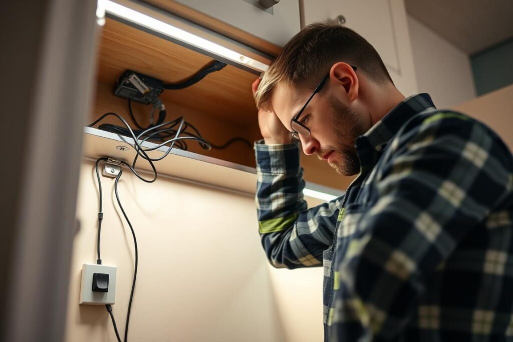 licensed electrician installing hardwired under cabinet lighting