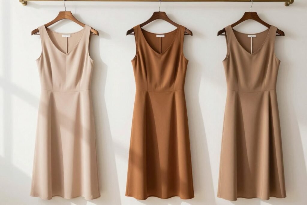 light brown and caramel colored wedding guest dresses