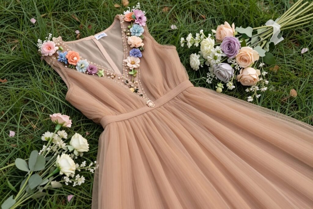 light brown dress for spring wedding with floral accessories