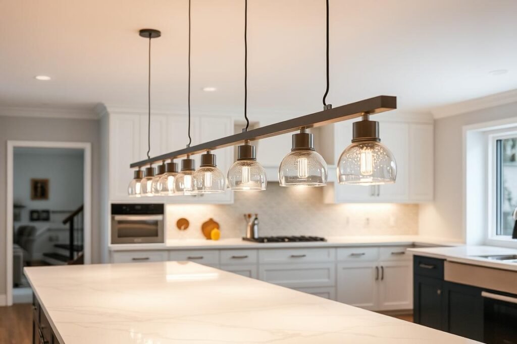linear multi-light pendant over long kitchen island linear multi-light pendant over long kitchen island