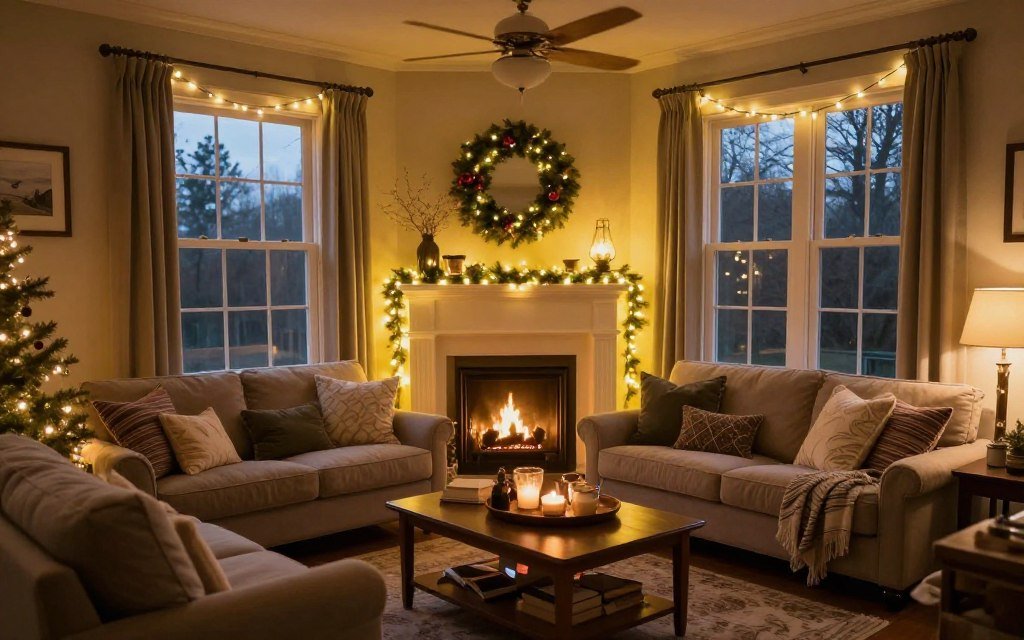 living room decorated with seasonal string lights living room decorated with seasonal string lights