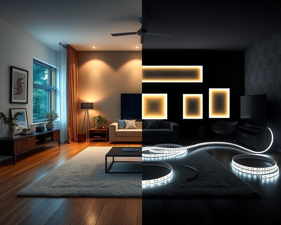 living room demonstrating day-to-night lighting transition with LED strips living room demonstrating day-to-night lighting transition with LED strips