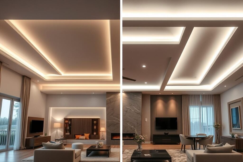 living room showing both traditional crown molding and modern recessed cove LED installations living room showing both traditional crown molding and modern recessed cove LED installations
