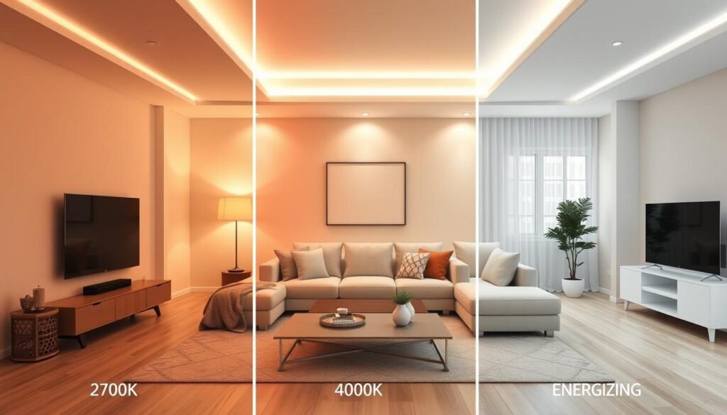 living room showing different LED color temperature effects from warm to cool white living room showing different LED color temperature effects from warm to cool white