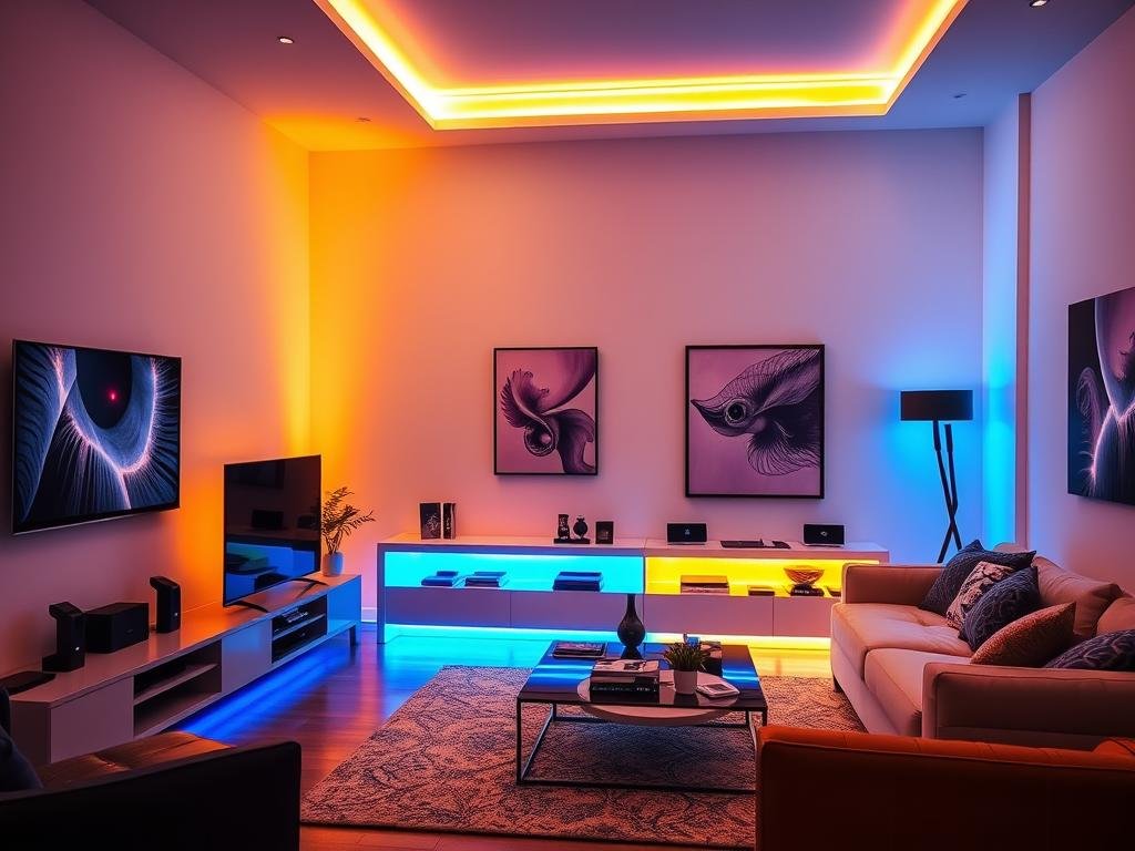 living room with RGB LED strip lights displaying multiple colors for different moods living room with RGB LED strip lights displaying multiple colors for different moods