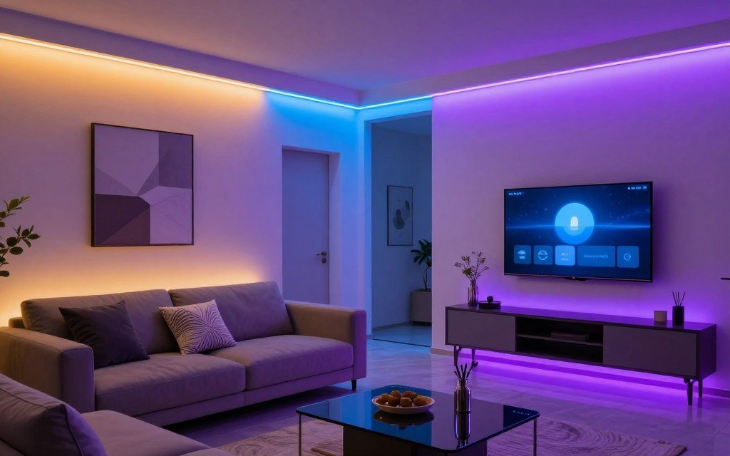 living room with color-changing LED strip lighting living room with color-changing LED strip lighting