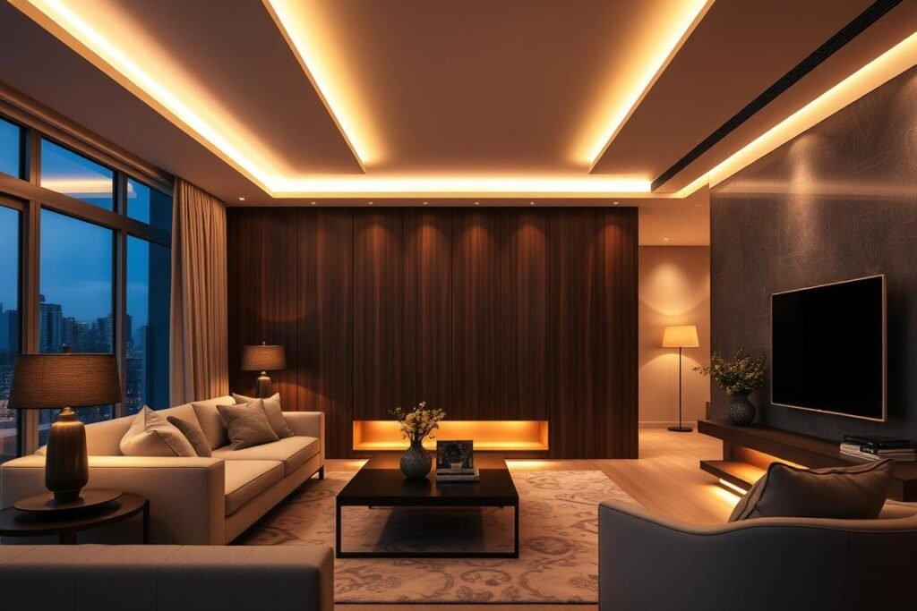 living room with multiple LED strip installations working together to create layered lighting scene living room with multiple LED strip installations working together to create layered lighting scene