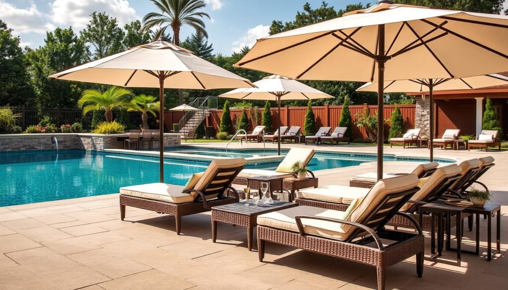 lounge chairs and umbrellas beside above ground pool lounge chairs and umbrellas beside above ground pool