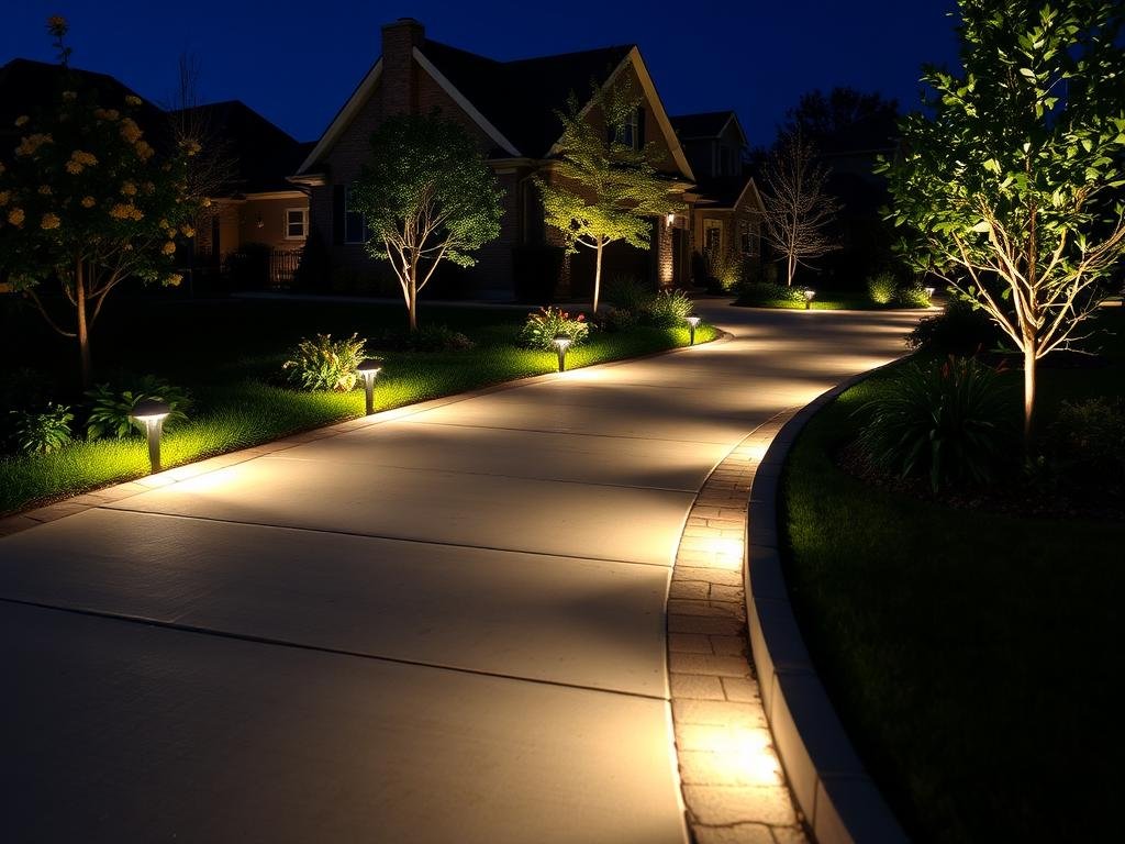 low voltage path lights along driveway edge