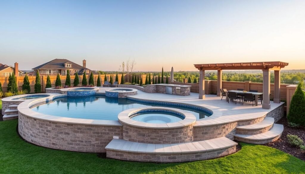 luxury above ground pool with extensive multi-level deck luxury above ground pool with extensive multi-level deck