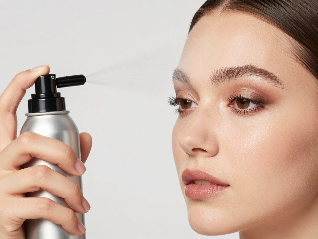 makeup setting spray being applied over finished brown eye makeup