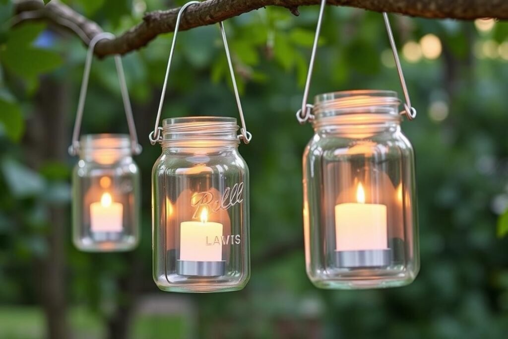 mason jar lanterns hanging from tree