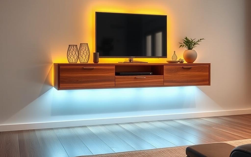 media console with LED strip lights underneath creating floating effect with various furniture styles media console with LED strip lights underneath creating floating effect with various furniture styles