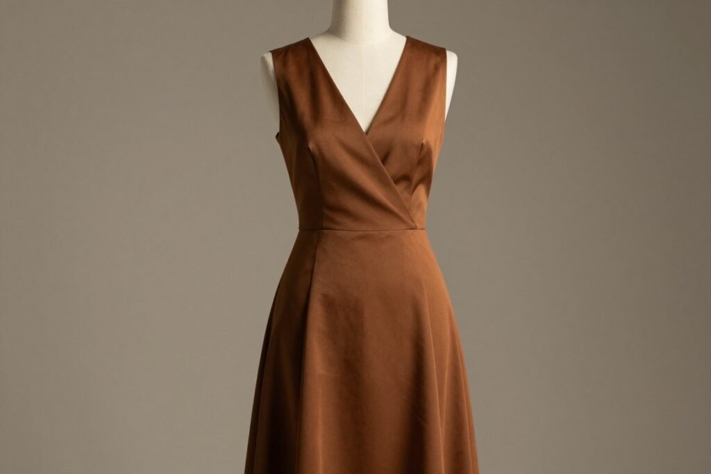 medium brown wedding guest dress in warm tones