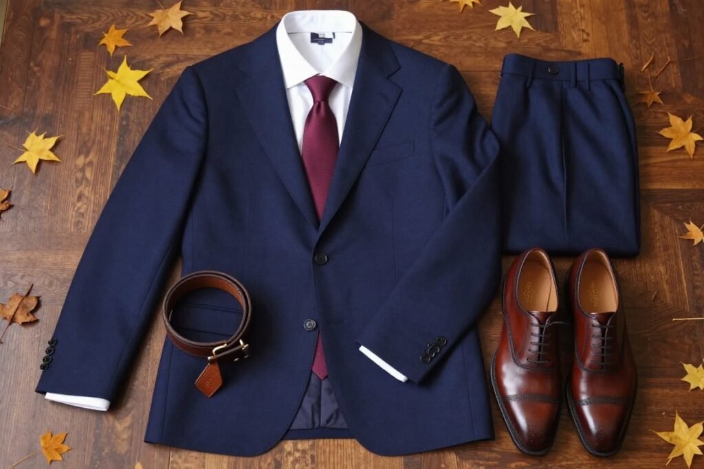 men's navy suit with burgundy tie for fall wedding guest outfit