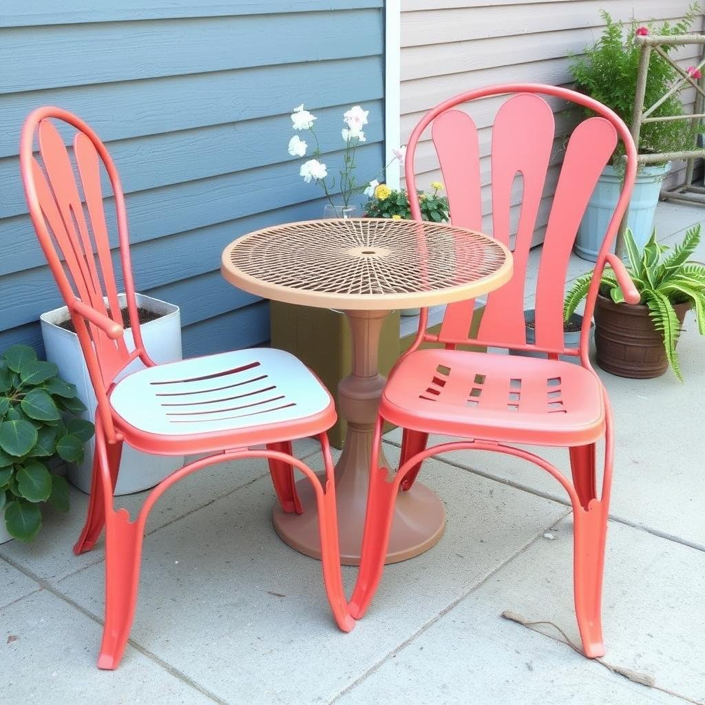 metal outdoor furniture painted in bright coral color