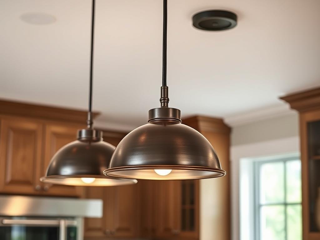 metal pendant lights in bronze finish over kitchen counter metal pendant lights in bronze finish over kitchen counter