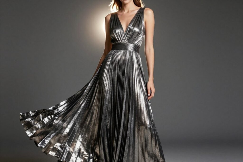 metallic pleated maxi dress for evening