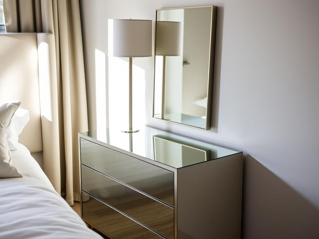 mirrored furniture reflecting bedroom light
