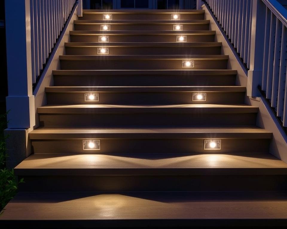modern LED step lights illuminating outdoor stairs at night