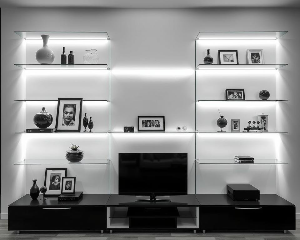 modern entertainment center with LED-lit glass shelves displaying media and decorative objects modern entertainment center with LED-lit glass shelves displaying media and decorative objects