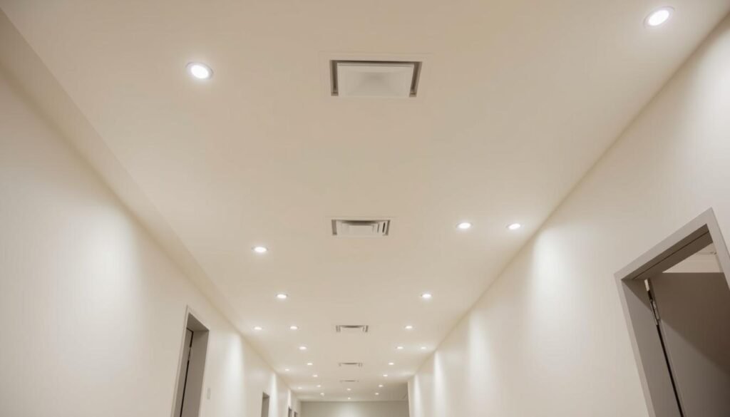 modern hallway with evenly spaced recessed lights creating clean illumination