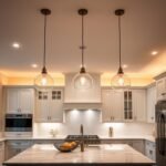 modern kitchen lighting fixtures with pendant lights and recessed ceiling lights illuminating white cabinets and marble countertops