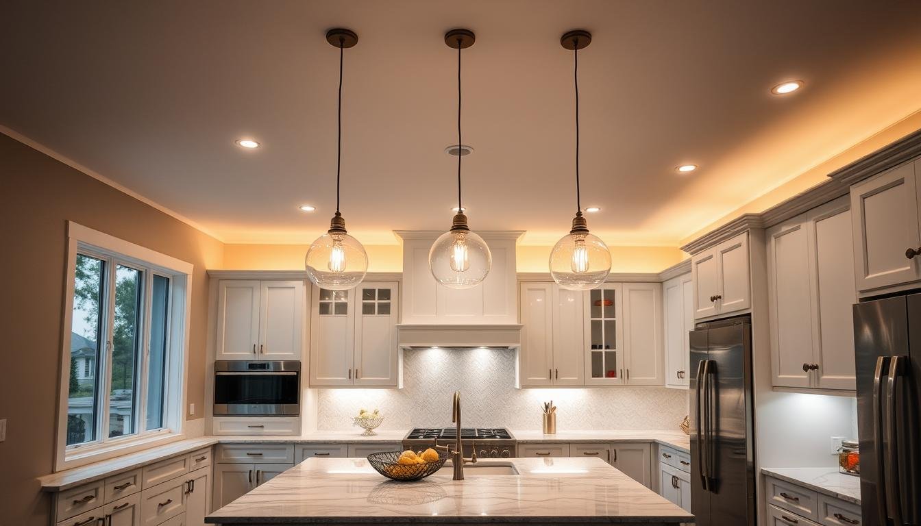 modern kitchen lighting fixtures with pendant lights and recessed ceiling lights illuminating white cabinets and marble countertops