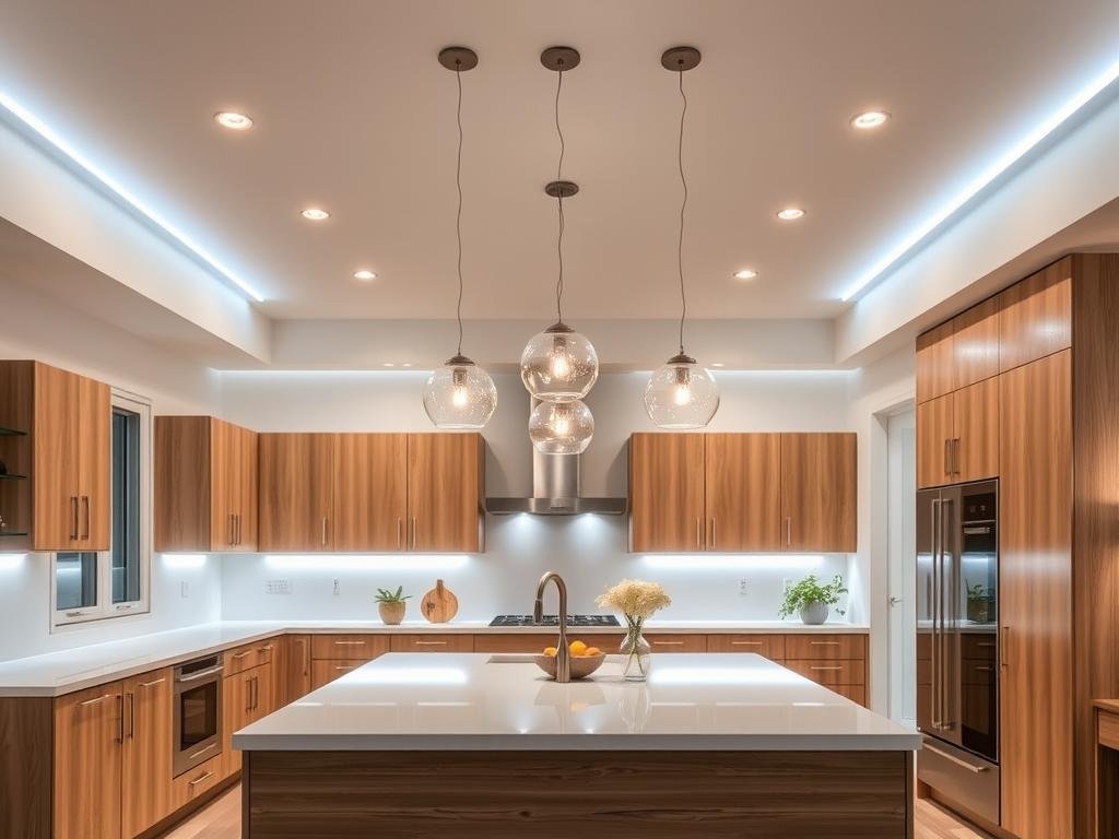 modern kitchen lighting ideas featuring pendant lights over island