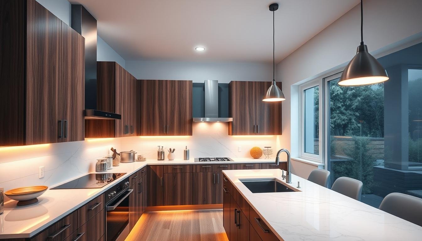 modern kitchen with bright under cabinet lighting illuminating marble countertops