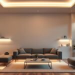 modern living room with LED strip lighting ideas living rooms creating warm ambiance behind floating shelves and under furniture