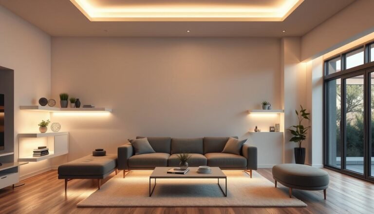 modern living room with LED strip lighting ideas living rooms creating warm ambiance behind floating shelves and under furniture