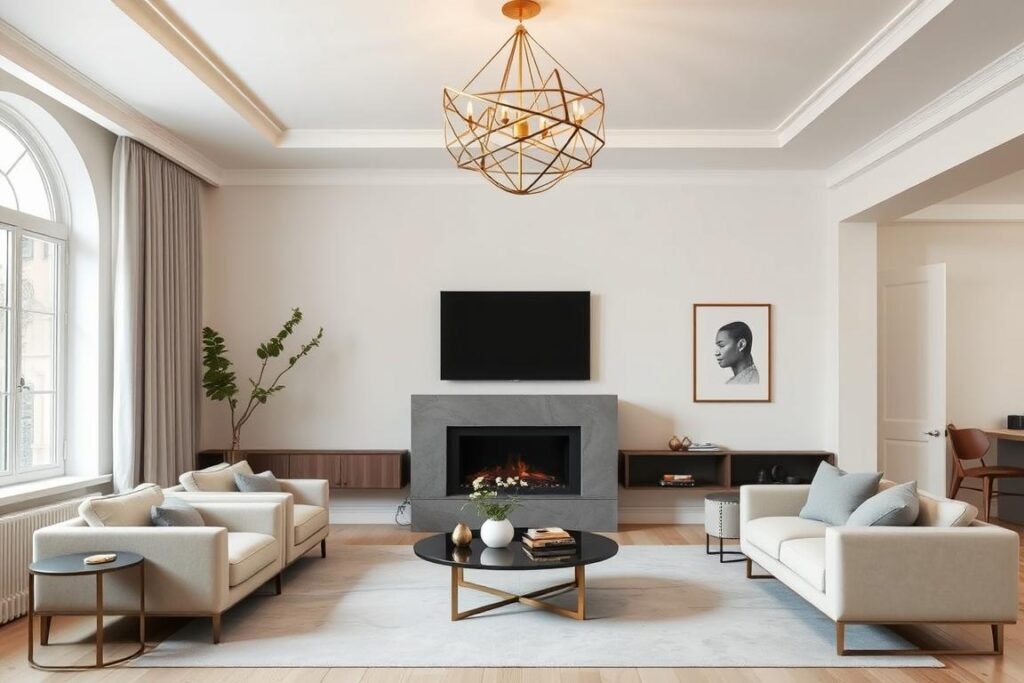 modern living room with geometric chandelier ceiling fixture modern living room with geometric chandelier ceiling fixture