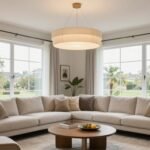modern living room with layered lighting design featuring pendant lights and floor lamps