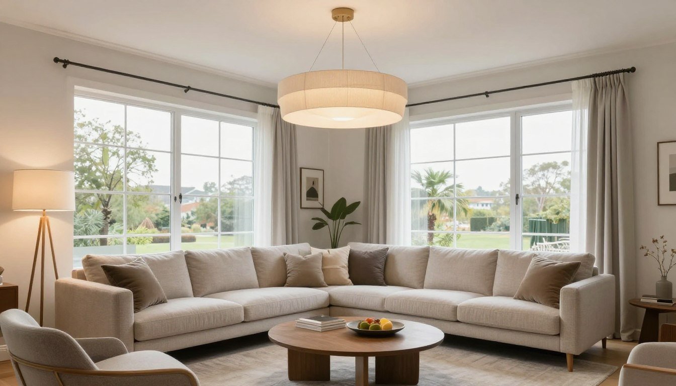 modern living room with layered lighting design featuring pendant lights and floor lamps