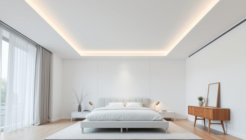 modern minimalist bedroom with recessed ceiling lights