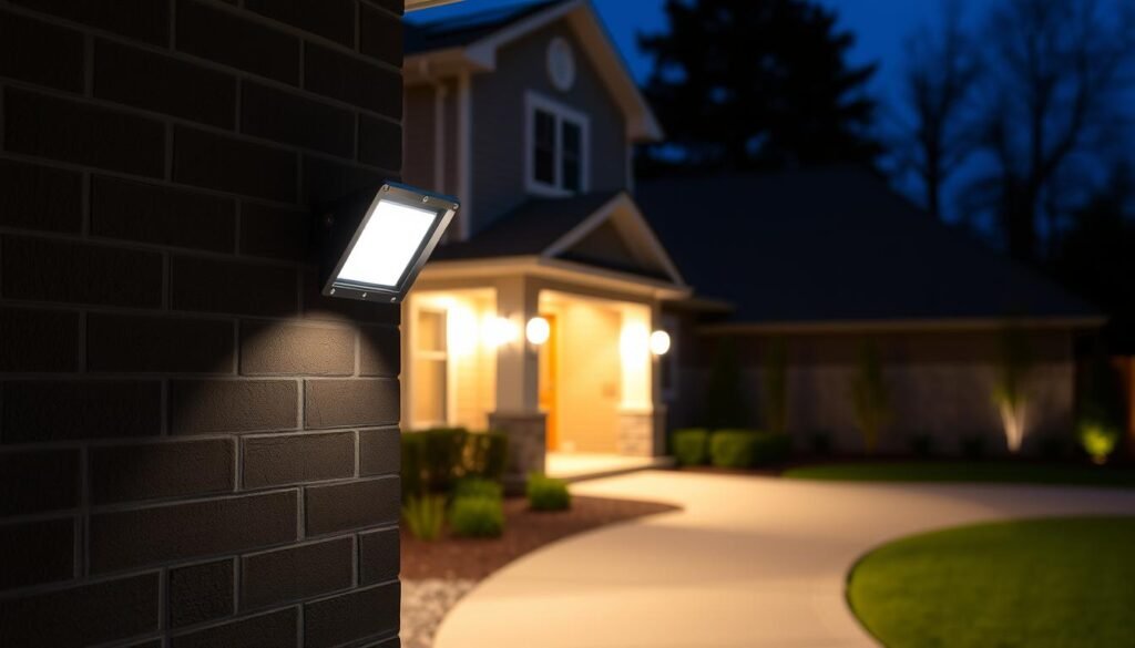 motion sensor security light on house wall