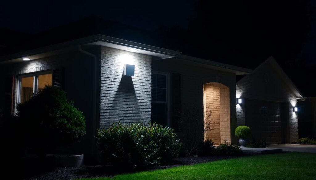 motion sensor security lights on home exterior at night