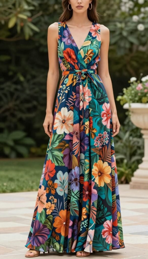 multi floral maxi dress with sophisticated pattern