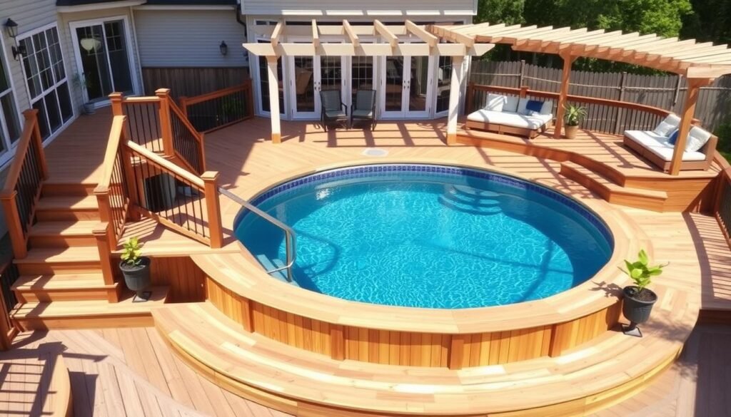 multi-level wooden deck around above ground pool with stairs and railings multi-level wooden deck around above ground pool with stairs and railings