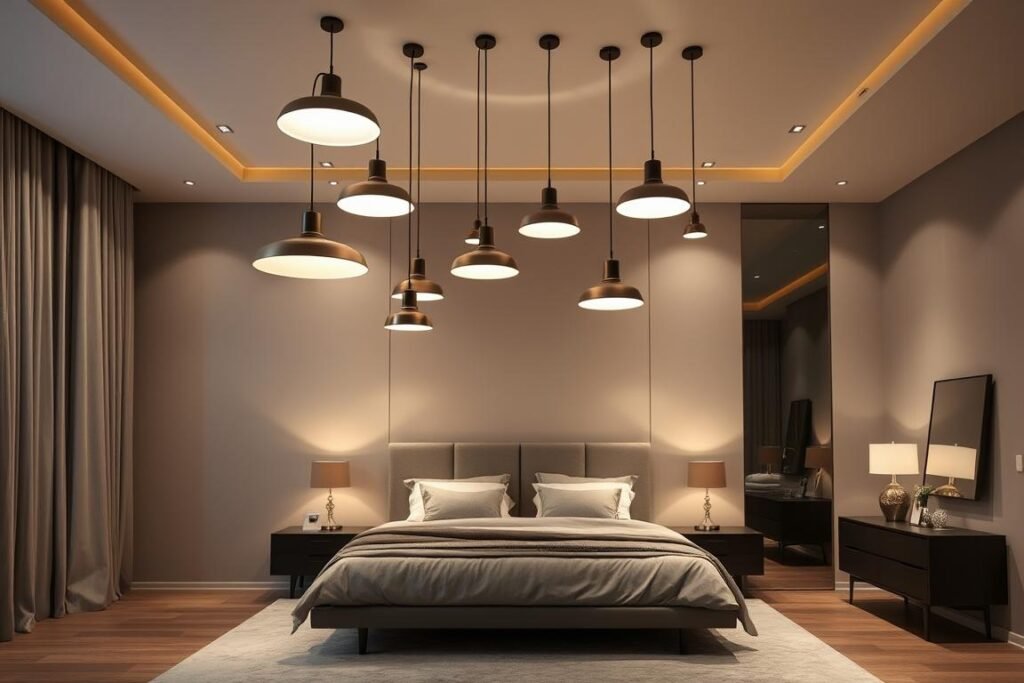 multiple pendant lights arranged over bed