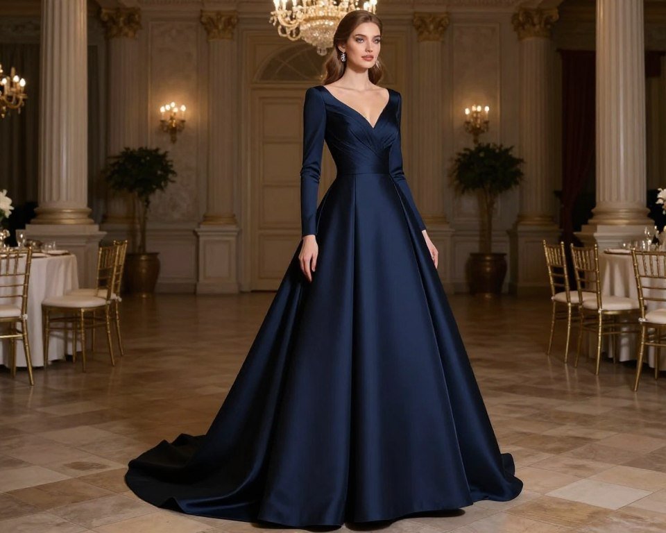 navy blue long sleeve formal gown for winter wedding