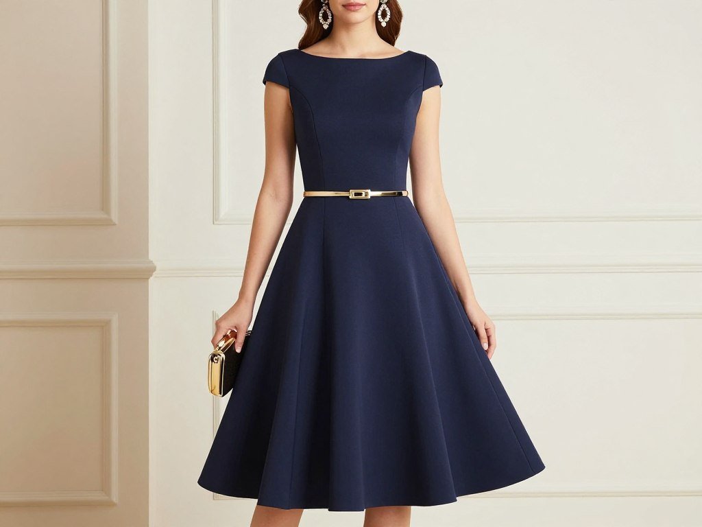 navy fit-and-flare midi dress for fall wedding guest
