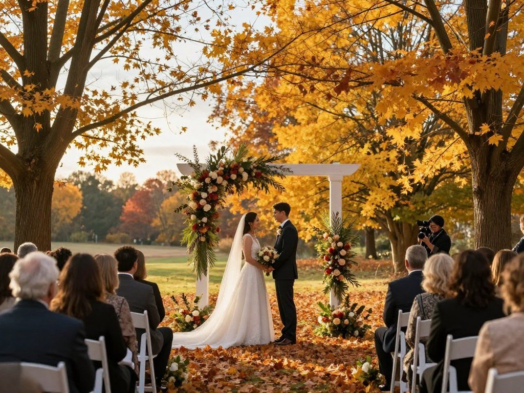 november wedding outdoor ceremony setup with fall decorations