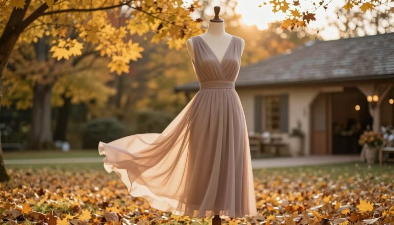 october wedding guest outfit styled on rustic autumn setting