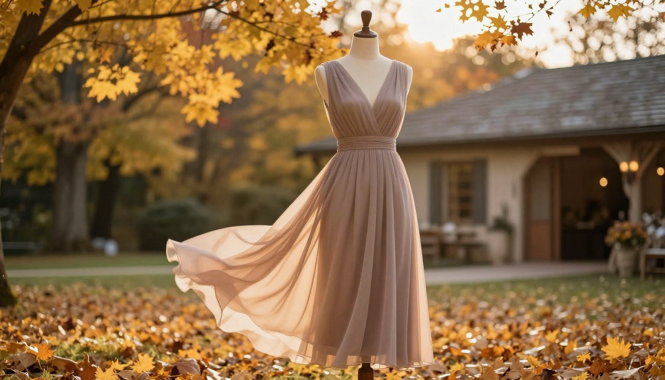 october wedding guest outfit styled on rustic autumn setting