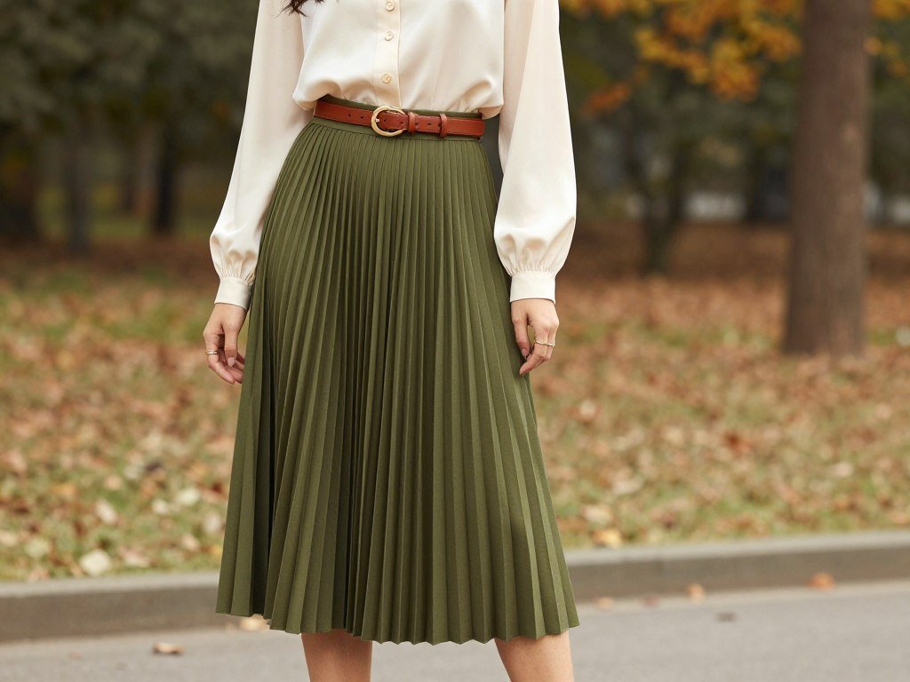 olive green midi skirt with cream blouse casual fall wedding outfit