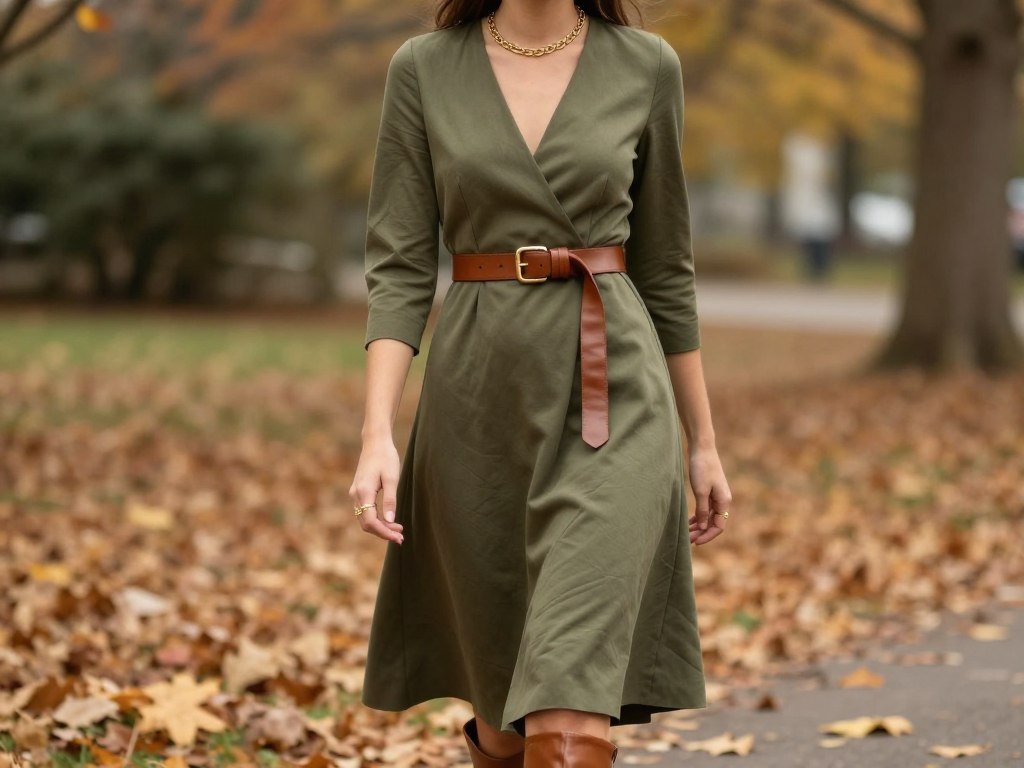 olive green wrap dress with cognac accessories for fall wedding